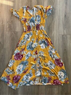 🔥3/$15 Mustard Floral Fall Casual Midi Dress
